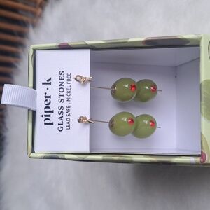 Piper K Olive Green Glass Stone Earrings with Red Accents Christmas Fun